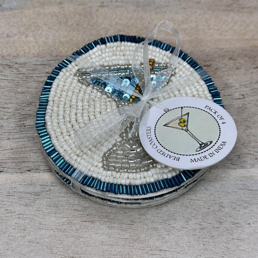 Handmade Beaded Martini Coaster Set Teal White Glass Bead Barware Decor